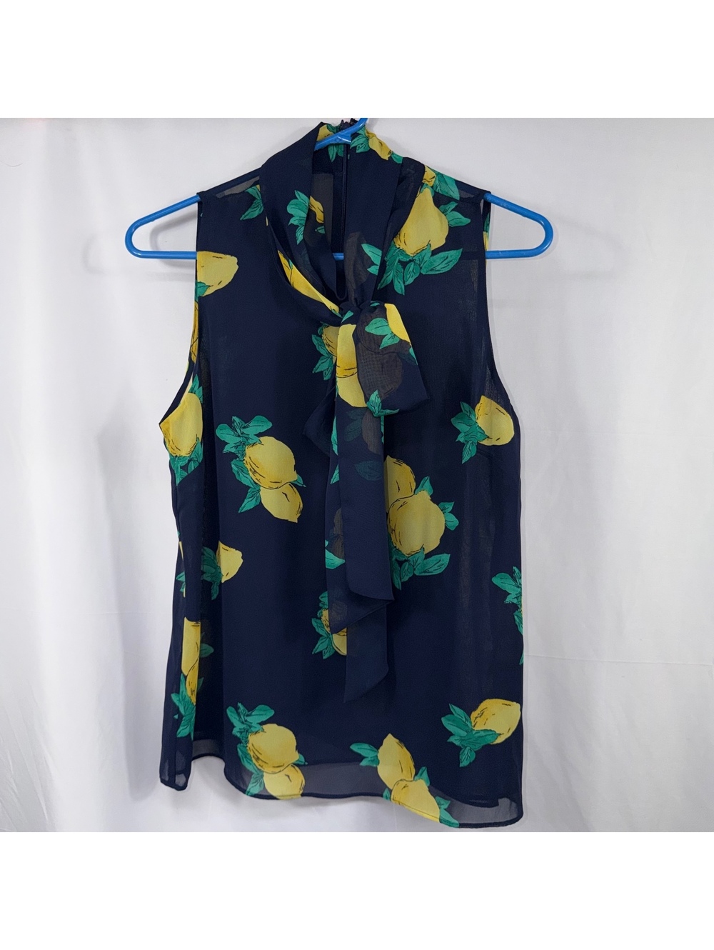 Eva Mendes Women’s M Navy Lemon Print Tie Neck Blouse